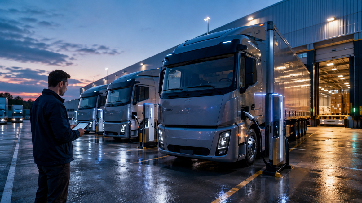 Electric Truck Charging At Logistics Depot Electric Truck Charging At Logistics Depot