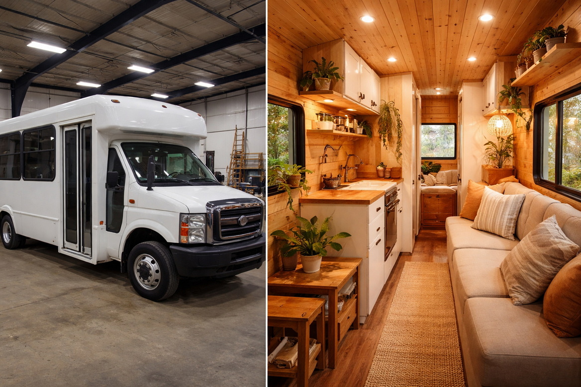 Shuttle Bus Conversion From Shell To Cozy Home Shuttle Bus Conversion From Shell To Cozy Home