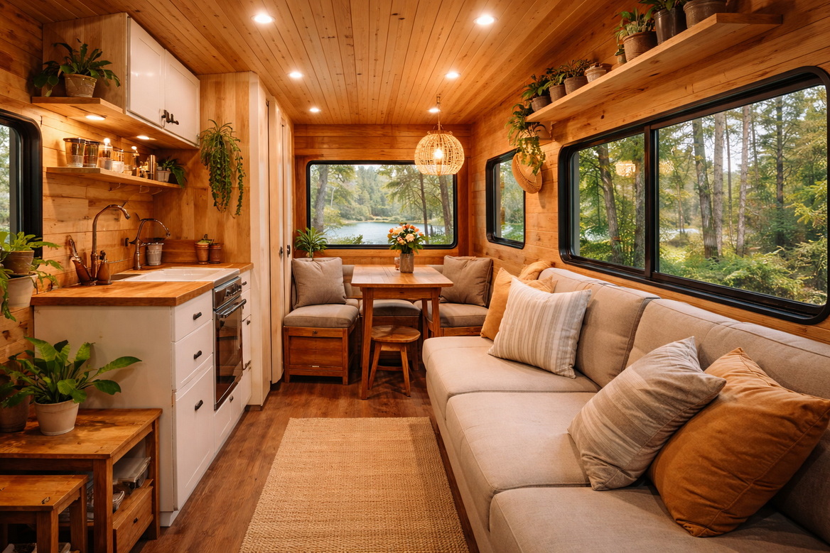 Cozy Shuttle Bus Interior Living Space Cozy Shuttle Bus Interior Living Space