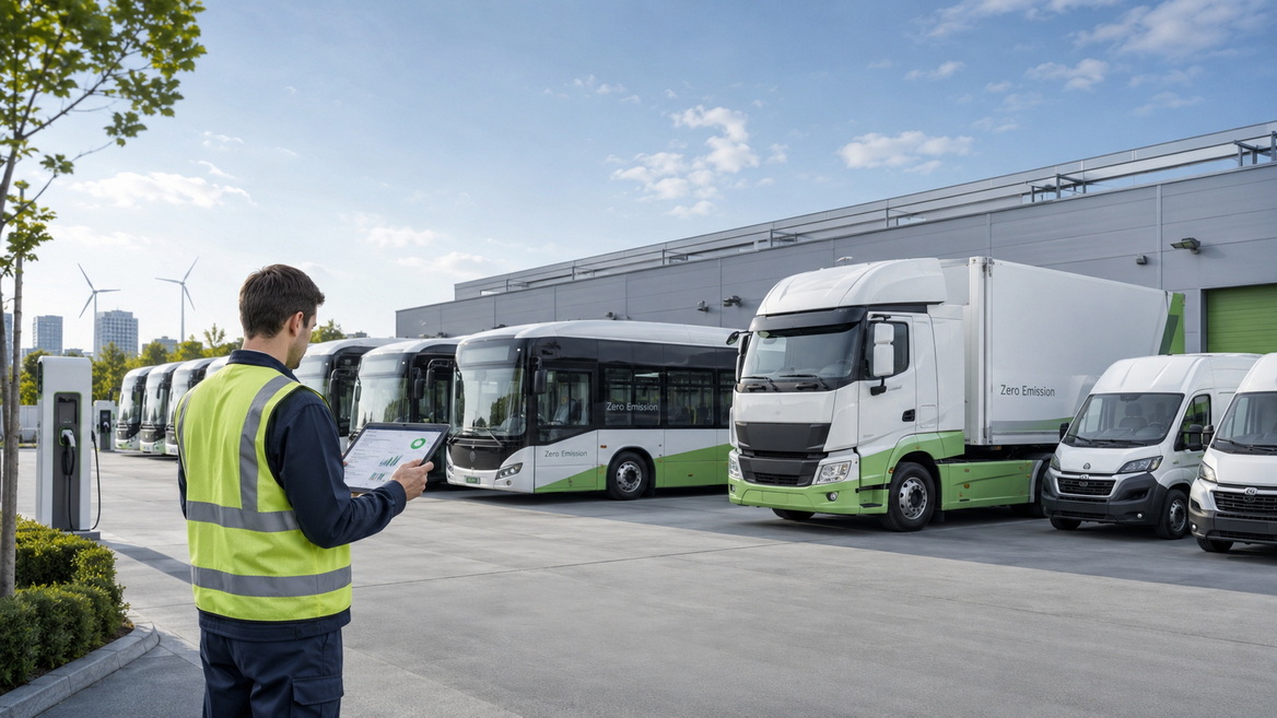 New Energy Bus And Truck Fleet In Depot New Energy Bus And Truck Fleet In Depot