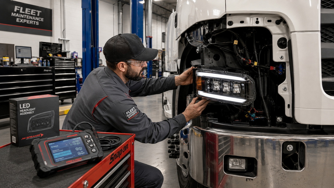 Mechanic Installing LED Headlight On Heavy Truck Mechanic Installing LED Headlight On Heavy Truck