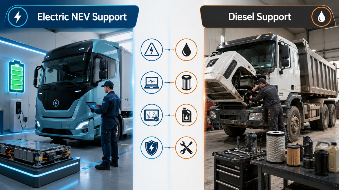 New Energy Truck And Diesel Truck Roadside Comparison
