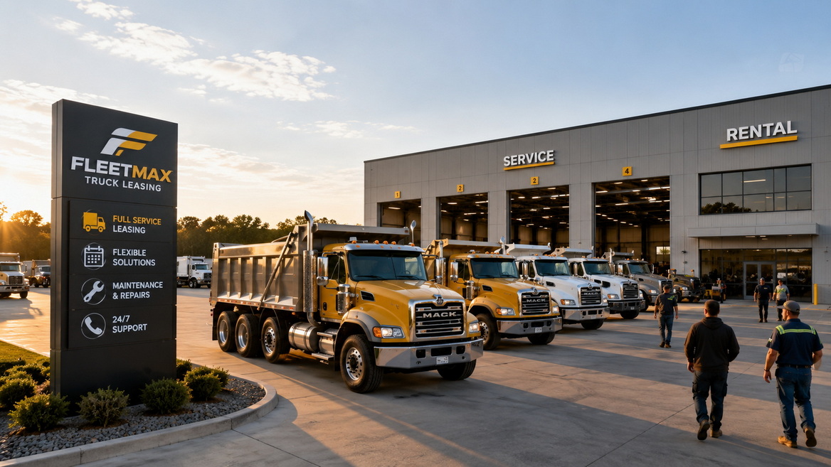 Modern Dump Truck Fleet At Full Service Hub