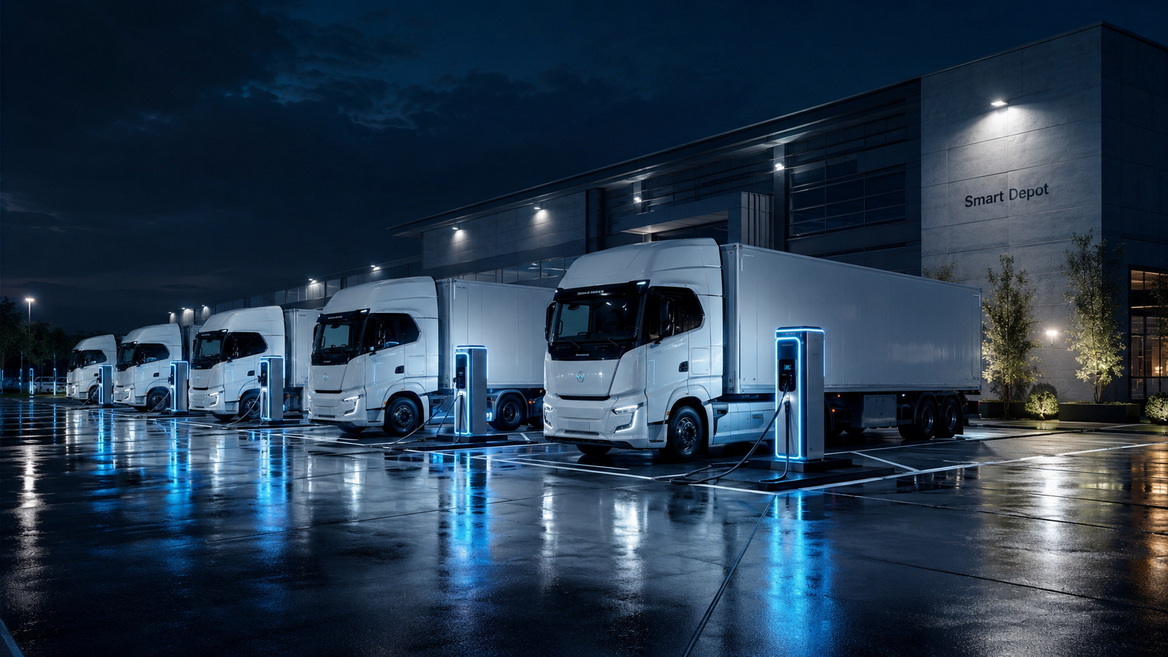 Electric Truck Depot At Night